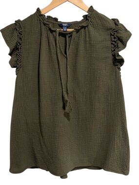 Chaps Olive Green Ruffle Tie-Neck Women's Textured Blouse 100% Cotton